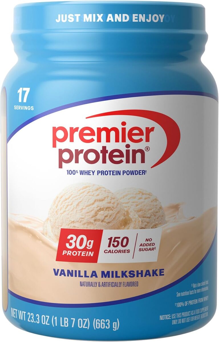 Premier Protein Powder, Vanilla Milkshake, 30g Protein, 1g Sugar, 100% Whey Protein, Keto Friendly, No Soy, Gluten Free, 23.3 oz, 17 Servings (Packaging May Vary)