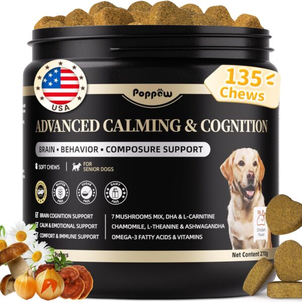 POPPAW Advanced Calming Chews for Dogs-Brain & Composure Support with 7 Mushrooms, Ashwagandha, Omega-3 DHA & EPA, Anxiety Relief Dog Calming Treat, All Breeds & Sizes, Chicken Flavor, 135Ct
