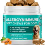 VUN Dog Allergy Relief Chews,Itchy Skin and Coat Relief,Paw Licking Support with Omega 3 Fish Oil,Probiotics Colostrum for Seasonal Allergy and Hot Spot,Immune Supplement for Dogs-100 Soft Chews
