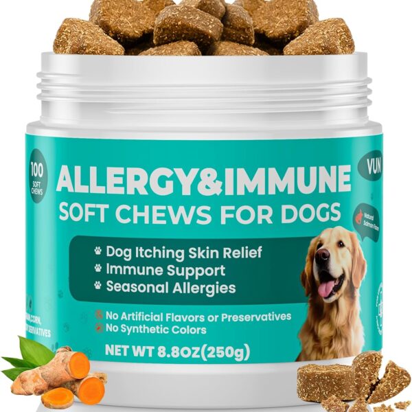 VUN Dog Allergy Relief Chews,Itchy Skin and Coat Relief,Paw Licking Support with Omega 3 Fish Oil,Probiotics Colostrum for Seasonal Allergy and Hot Spot,Immune Supplement for Dogs-100 Soft Chews