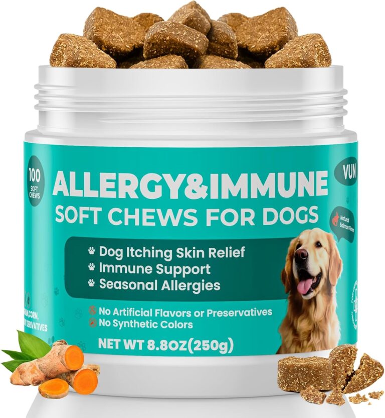 VUN Dog Allergy Relief Chews,Itchy Skin and Coat Relief,Paw Licking Support with Omega 3 Fish Oil,Probiotics Colostrum for Seasonal Allergy and Hot Spot,Immune Supplement for Dogs-100 Soft Chews