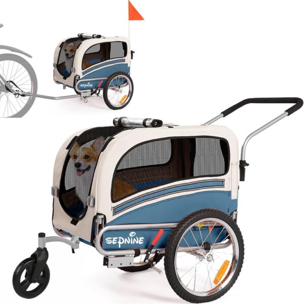 Sepnine 2 in 1 Pet Bicycle Trailer with a 6" Stroller Wheel Suitable for Small and Medium Dogs, Carrier Up to 66/88 LBS, Easy Folding Cart Frame, Quick Release Wheel, Universal Bicycle Coupler