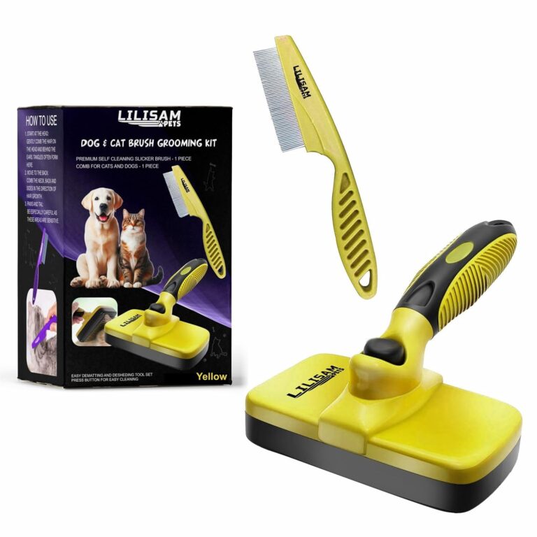 Pet Self Cleaning Slicker Brush and Grooming Comb - Gently Removes Loose Hair, Tangles, and Dirt - Skin Friendly Deshedding Grooming Tool for Hair Dogs & Cats - Pet Supplies Accessories (Yellow)