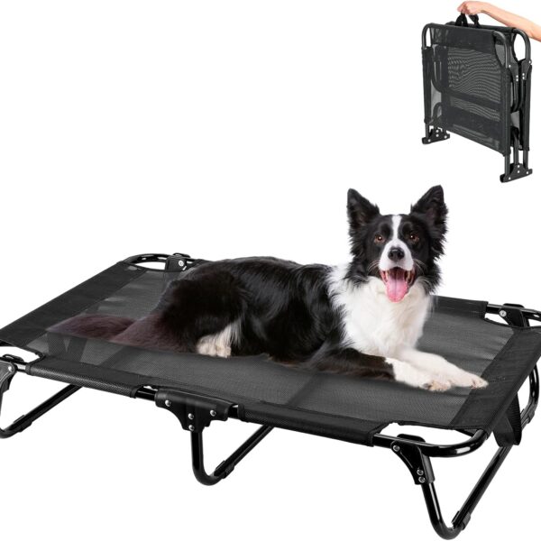 Ipixune Foldable Elevated Dog Bed, 36"x23"x7" Raised Pet Bed with No Setup, Outdoor DogBed with Breathable Mesh, No-Slip Feet Durable Dog Cots Bed for Medium Sized Dogs, Black