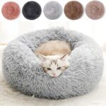 Cat Beds for Indoor Cats - Cat Bed Washable 20/24 inches, Dog Beds for Small Medium Dogs, Anti Anxiety Round Fluffy Plush Faux Fur Pet Bed, Thick Bottom (Light Grey, Medium)