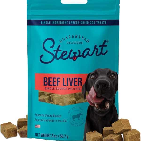 Stewart Beef Liver Dog Treats, 2 oz, ~45 Pieces, Freeze Dried Raw, Single Ingredient, 50% Protein Training Treats or Meal Topper in a Resealable Pouch, Grain Free, Gluten Free