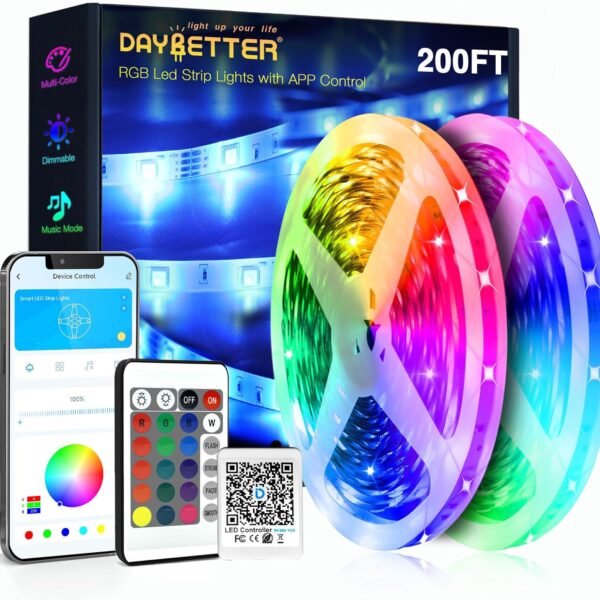DAYBETTER Led Strip Lights 200 ft (2 Rolls of 100 ft) Ultra Long Smart Light Strips with App Voice Control Remote, RGB Music Sync Color Changing Lights for Bedroom, Kitchen, Party,Home Decoration