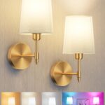 Ouyulong Battery Operated Wall Sconces Set of 2, Wireless Rechargeable Dimmable Wall Light with RGB Bulb and Remote for Bedroom, Living Room, Hallway (Gold)