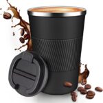 12OZ Travel Coffee Mug Insulated Coffee Cup with Spill Leak Proof Lid, Portable Stainless Steel Tumbler Reusable Hot and Cold Water Mug for Car, Daily, Camping-Black