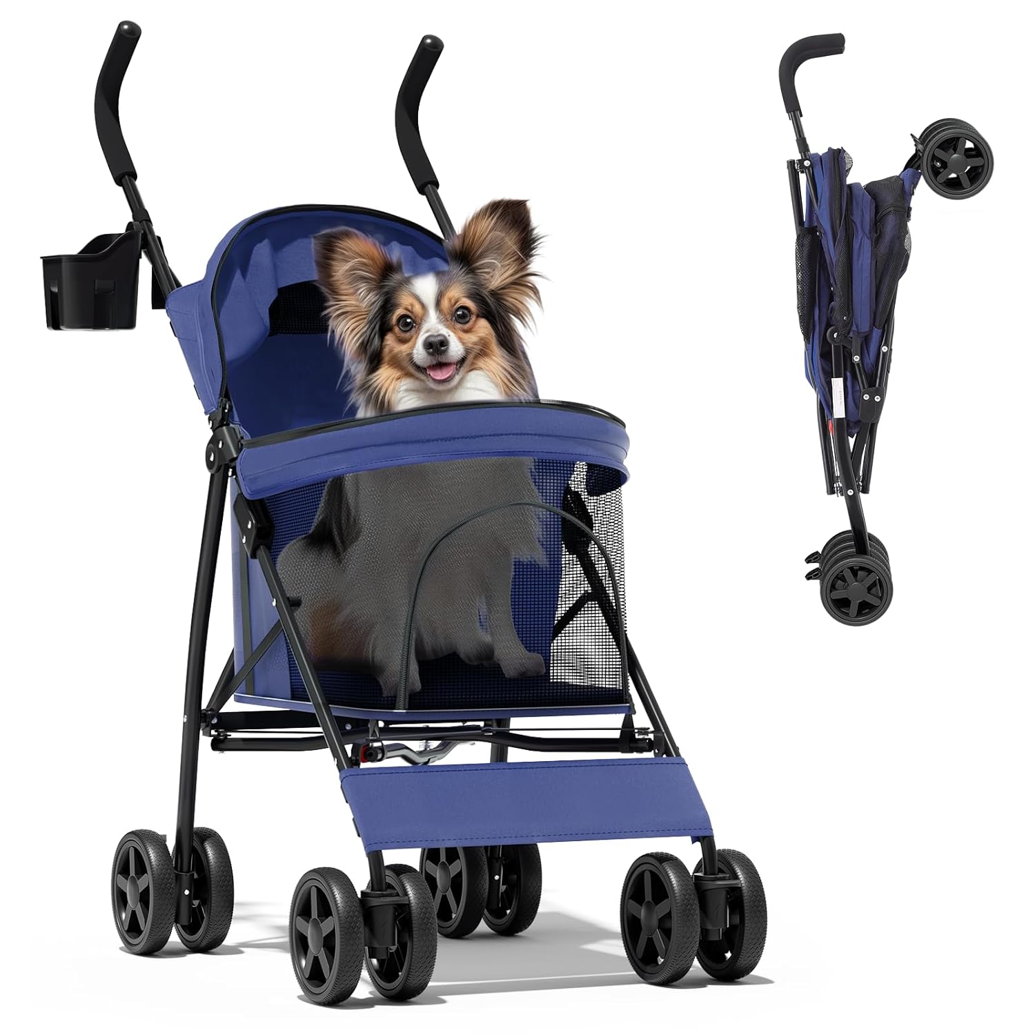 Magshion Compact Pet Stroller for Small-Medium Dogs/Cats up to 22lbs, 4-Wheel Lightweight Umbrella Shaped Portable Puppy Travel Jogger with Breathable Mesh, Cup Holder & Rear Storage, Navy Blue Magshion Compact Pet Stroller for Small-Medium Dogs/Cats up to 22lbs, 4-Wheel Lightweight Umbrella Shaped Portable Puppy Travel Jogger with Breathable Mesh, Cup Holder & Rear Storage, Navy Blue