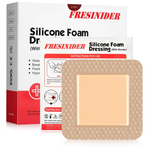 FRESINIDER Silicone Foam Dressing with Adhesive Border  Wound Dressing Bandage  Silicone Foam Pad  Pack of 10  4 x 4 Inches Large Waterproof Bandages  Self Adhesive Wound Care and Dressings