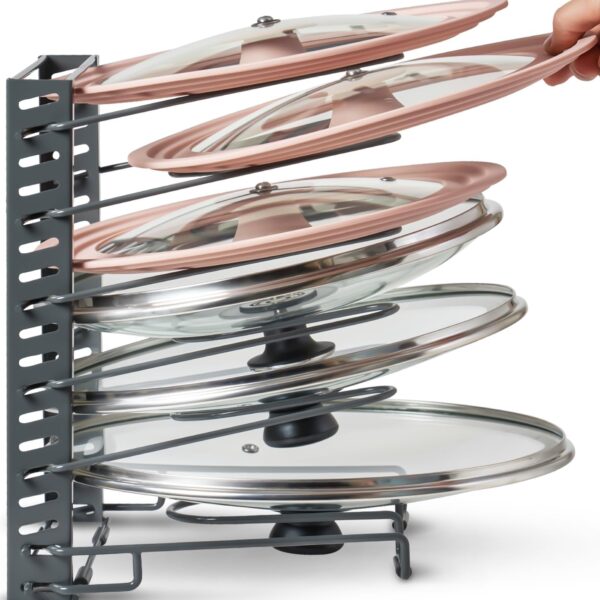 Free-Standing Adjustable Pot Lid Organizer for Cabinet - Kitchen Storage Rack 6 Adjustable Shelves, Pot Lid Holder, Pan and Pot Rack Organizer, Pantry & Inside Cabinet Organizer (13 Clearance)