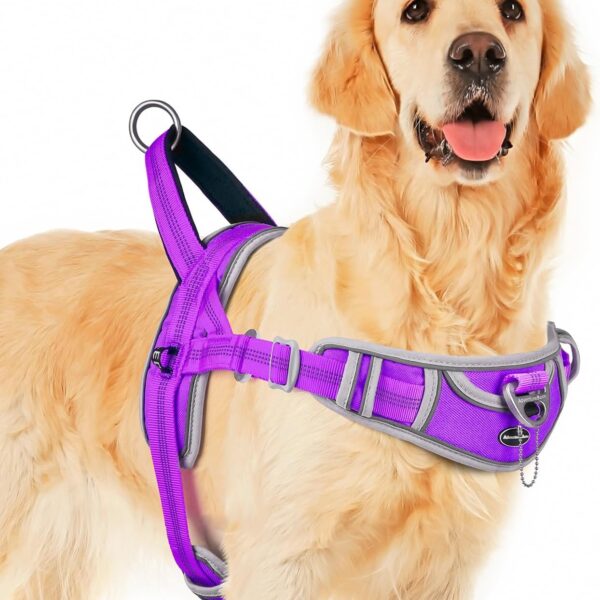 ADVENTUREMORE No Pull Dog Harness for Large Dogs, Sport Dog Halter Harness Reflective Breathable Dog Vest Escape Proof Dog Harness with Easy Control Front Clip Handle for Training Walking L Purple