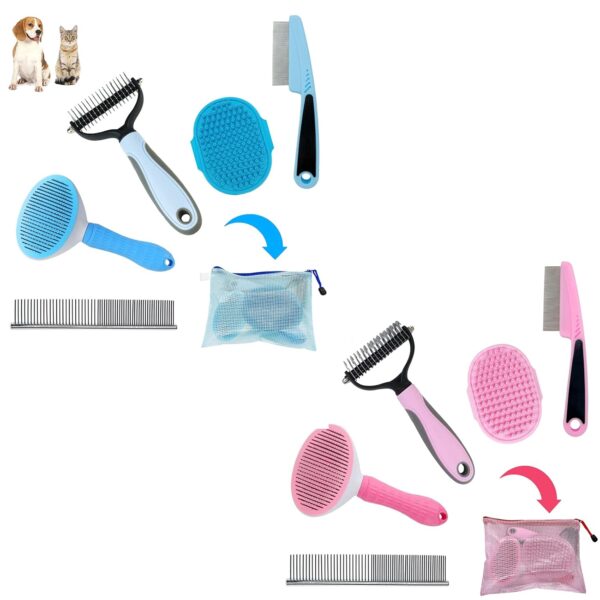 Dog Brush Kit 5 In 1 Grooming Brush - Dog Brush Shedding Short Haired Dogs, Dog Grooming Kit for Small Dogs, Dog Dematting Comb and Dematting Rake Set Blue And Pink