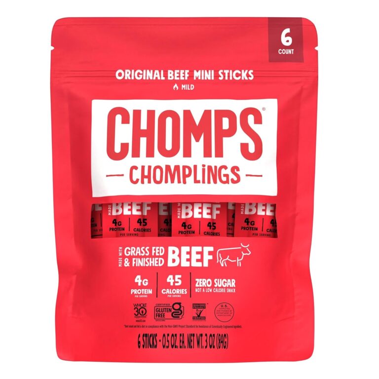 CHOMPS MINI Grass Fed Beef Jerky Meat Snack Sticks 0.5 Oz, Original Beef (Pack of 6)