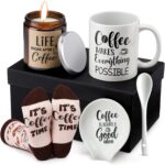 Vabean 5 Pieces Coffee Lover Gifts Set - Includes Mug and Spoon Rest Holder, Candle and Socks, Coffee Basket Valentine's Day Gift Idea for Men Women Birthday
