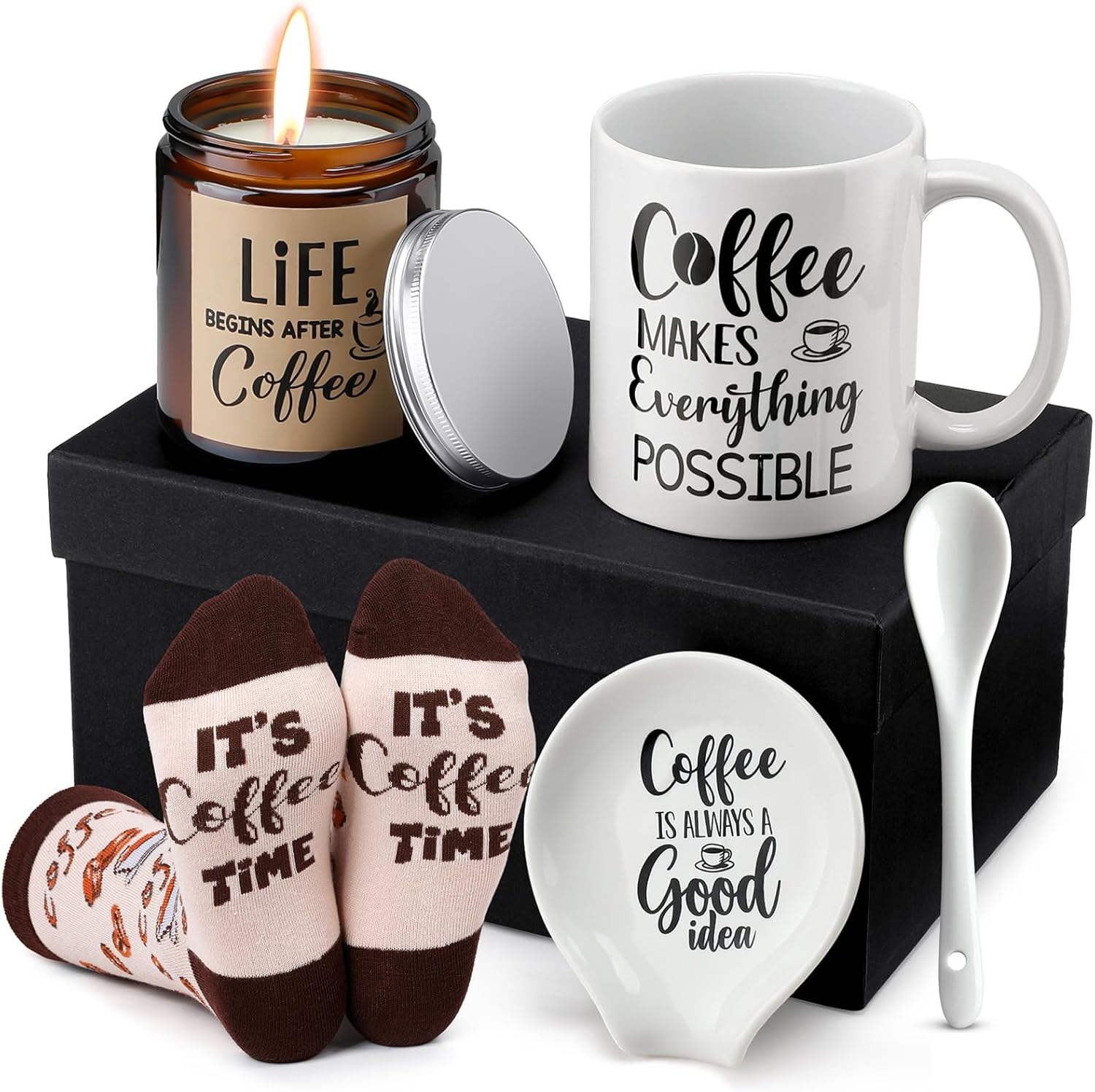 Vabean 5 Pieces Coffee Lover Gifts Set - Includes Mug and Spoon Rest Holder, Candle and Socks, Coffee Basket Valentine's Day Gift Idea for Men Women Birthday Vabean 5 Pieces Coffee Lover Gifts Set - Includes Mug and Spoon Rest Holder, Candle and Socks, Coffee Basket Valentine's Day Gift Idea for Men Women Birthday