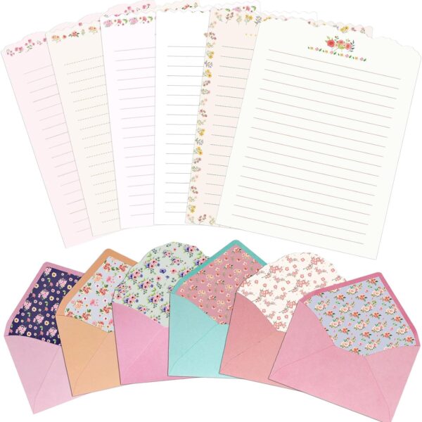 KSIWRE Stationary Paper and Envelopes Set, 24 PCS Writing Stationery Paper with 12 PCS Envelopes, Warm Floral Themed Envelope and Stationery Design for Invitations Gift Decorations Holiday Party