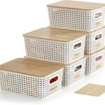 Small Plastic Storage Bins with Bamboo Lids 5.2qt Stackable Box Basket Pantry Decorative Containers Cute with Lable for Organizing Desktop Closet Office Cream White of 6 packs 10*7.2*4.1'