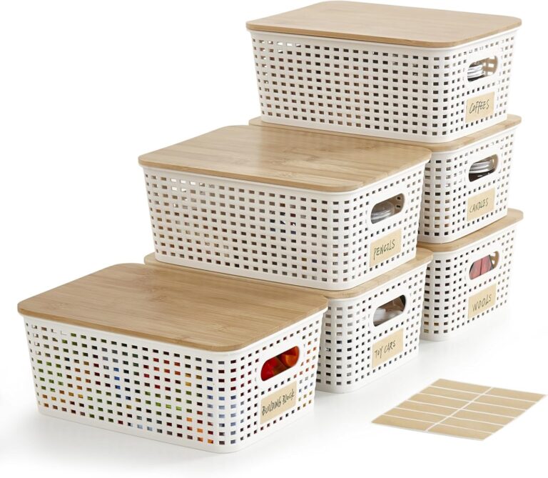 Small Plastic Storage Bins with Bamboo Lids 5.2qt Stackable Box Basket Pantry Decorative Containers Cute with Lable for Organizing Desktop Closet Office Cream White of 6 packs 10*7.2*4.1'