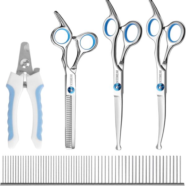 SCEDREAM Professional Dog Grooming Scissors with Safety Round Tips, 5 in 1 Dog Grooming Scissors Kit, 4CR Stainless Steel Professional Pet Grooming Shears for Dogs/Cats, Sharp and Durable, Blue