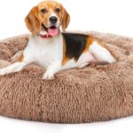DUMOS Calming Dog Bed, 36 Inch Anti-Slip Round Fluffy Plush Faux Fur Cat Bed, Fits up to 90 lbs Pets, Brown