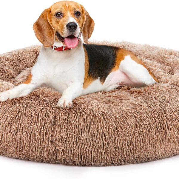 DUMOS Calming Dog Bed, 36 Inch Anti-Slip Round Fluffy Plush Faux Fur Cat Bed, Fits up to 90 lbs Pets, Brown