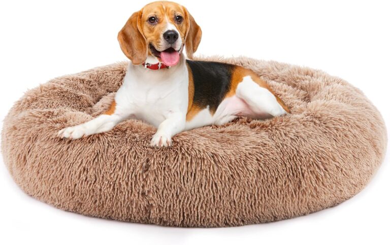 DUMOS Calming Dog Bed, 36 Inch Anti-Slip Round Fluffy Plush Faux Fur Cat Bed, Fits up to 90 lbs Pets, Brown