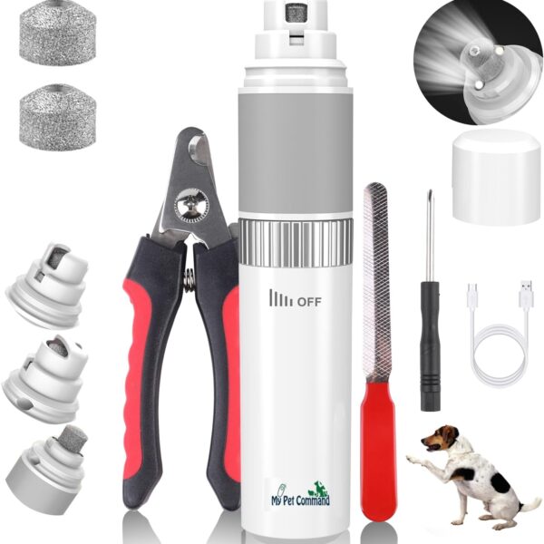 My Pet Command Cordless Dog Nail Grinder Quiet Low Noise for Large Medium Small Dogs and Cats, Powerful Variable Speed Motor Rechargeable Pet Claw Trimmer with an Extra Diamond Bit, Clipper and File
