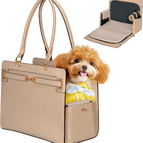 2-in-1 Stylish Dog Purse Carrier Soft-Sided Carriers Travel Tote Bag for Small Dogs Cats, Fashion Foldable Pet Bag for Puppies Small Animals with Pockets (Khaki, 15" L x 7.5" W x 12.2" H)