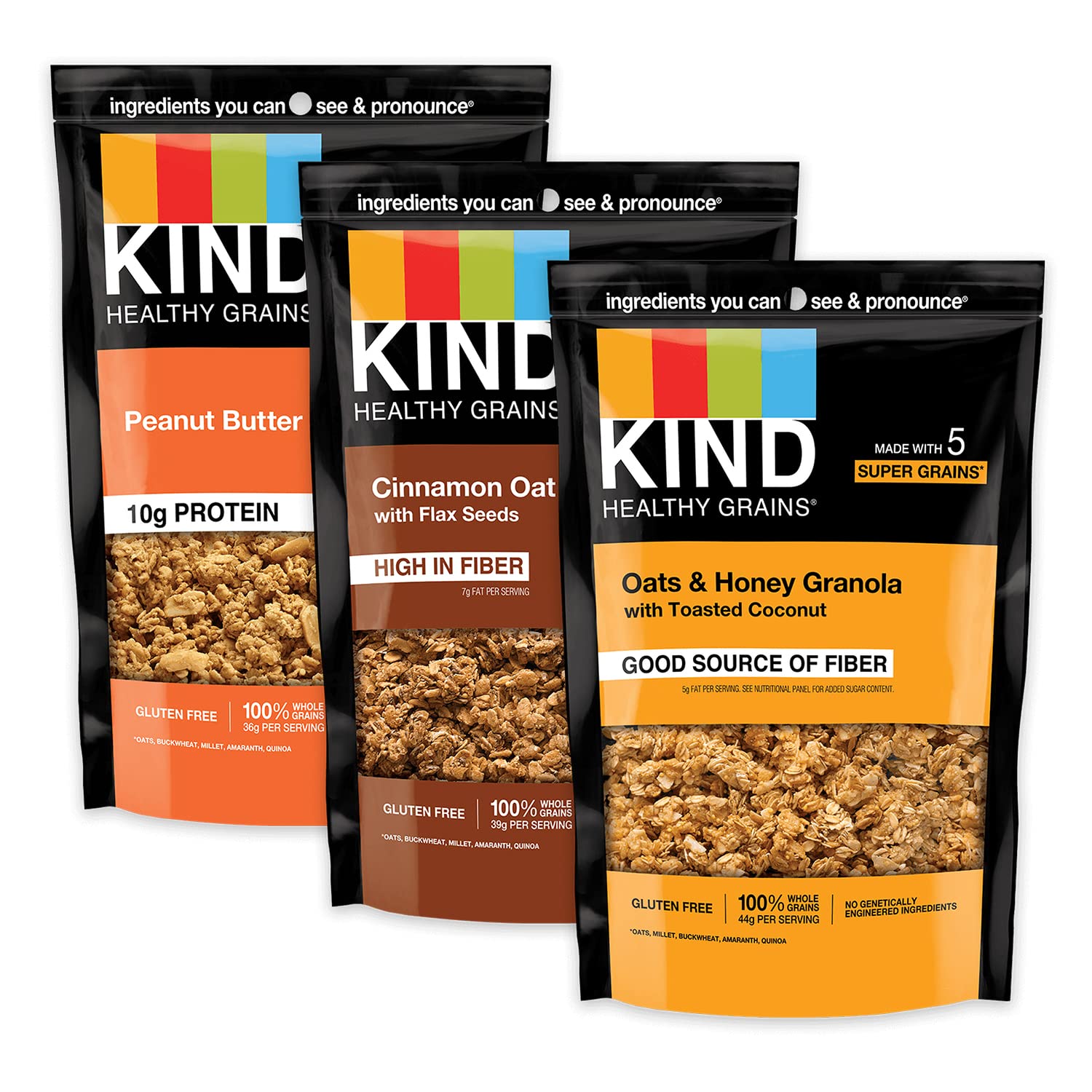 KIND Healthy Grains Granola, Variety Pack, Peanut Butter, Cinnamon Oat, Oats & Honey, Healthy Snacks, Gluten Free, 100% Whole Grains, 5-10g Protein, 11oz, 3 Count KIND Healthy Grains Granola, Variety Pack, Peanut Butter, Cinnamon Oat, Oats & Honey, Healthy Snacks, Gluten Free, 100% Whole Grains, 5-10g Protein, 11oz, 3 Count