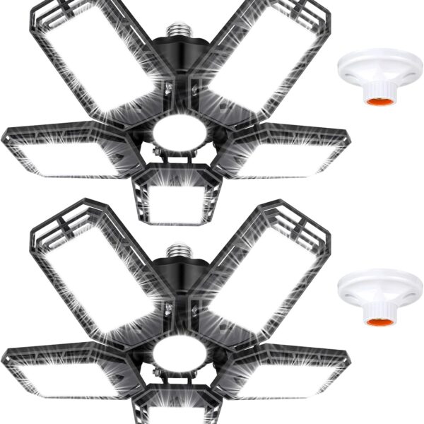 LED Garage Lights 2 Pack,Ceiling LED Shop Light 160W 16000LM 6500K Screw in Led Light with 5+1 Deformable Panels, Bright Led Lighting for Garage Workshop Basement Support E26/E27 Socket