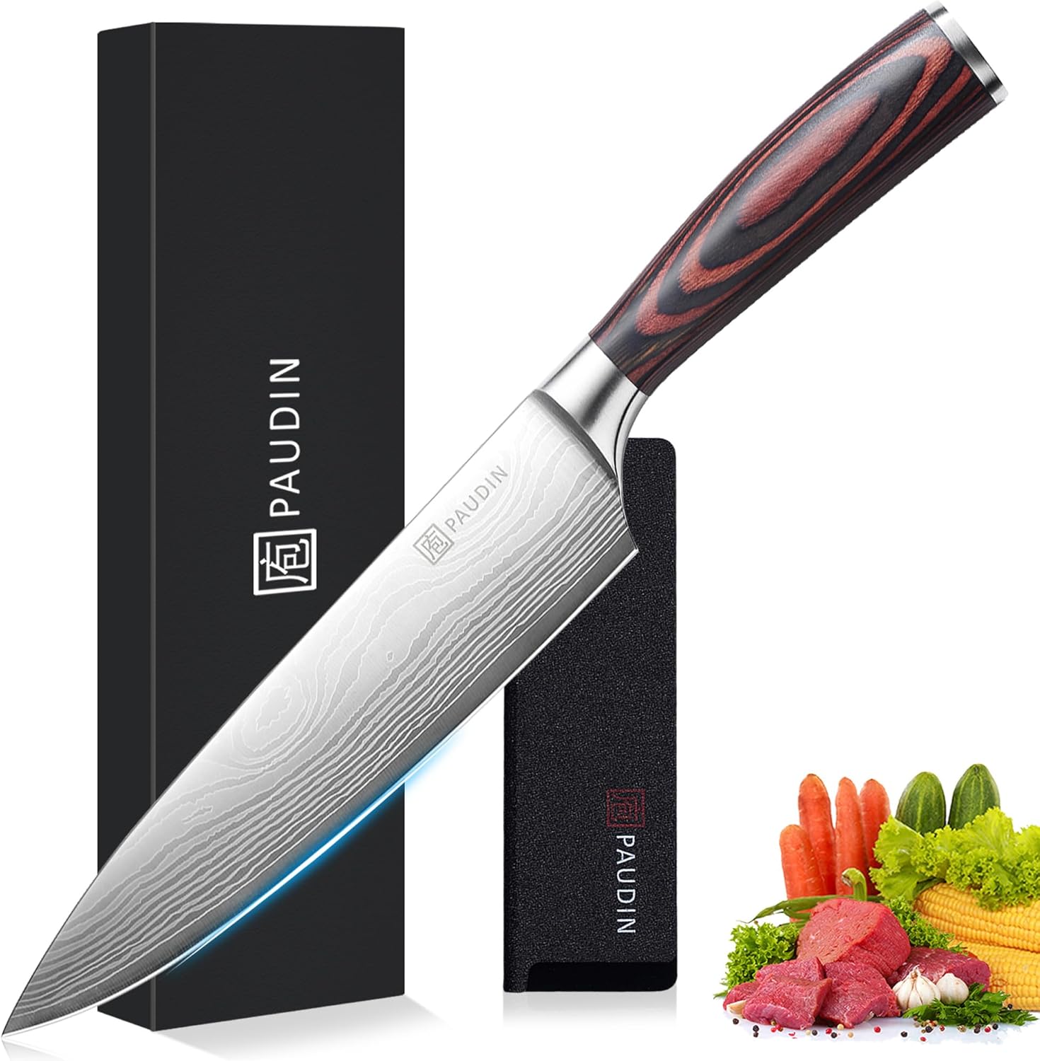 PAUDIN Chef Knife, 8 Inch High Carbon Stainless Steel Sharp Kitchen Knife with Ergonomic Handle, Gift Box for Family & Restaurant PAUDIN Chef Knife, 8 Inch High Carbon Stainless Steel Sharp Kitchen Knife with Ergonomic Handle, Gift Box for Family & Restaurant