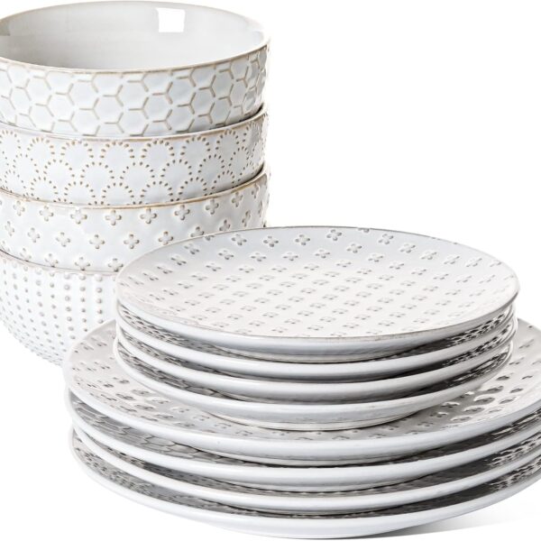LE TAUCI Dinnerware Sets 12 PCS, Ceramic Plates and Bowls Set, Suit For Housewarming (10" Dinner Plate + 8" Salad Dish + 26 oz Cereal Bowl) x 4, Oven safe - Arctic White