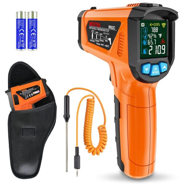 MESTEK Infrared Thermometer Gun, Non Contact Digital Laser Thermometer Temperature Gun with Color LCD for Cooking, Home Repairs, Humidity Measurement, Adjustable Emissivity -58F to 1472F(-50~800C)