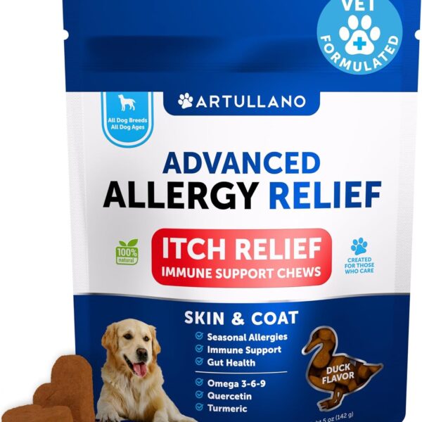 Dog Allergy Relief Chews - Itching Skin Relief for Dogs - Fish Oil - Omega 3 - Seasonal Allergies Pills - Skin & Coat, Anti Itch, Hot Spots Treatment - Canine Immune Health Supplement - 70 Soft Treats