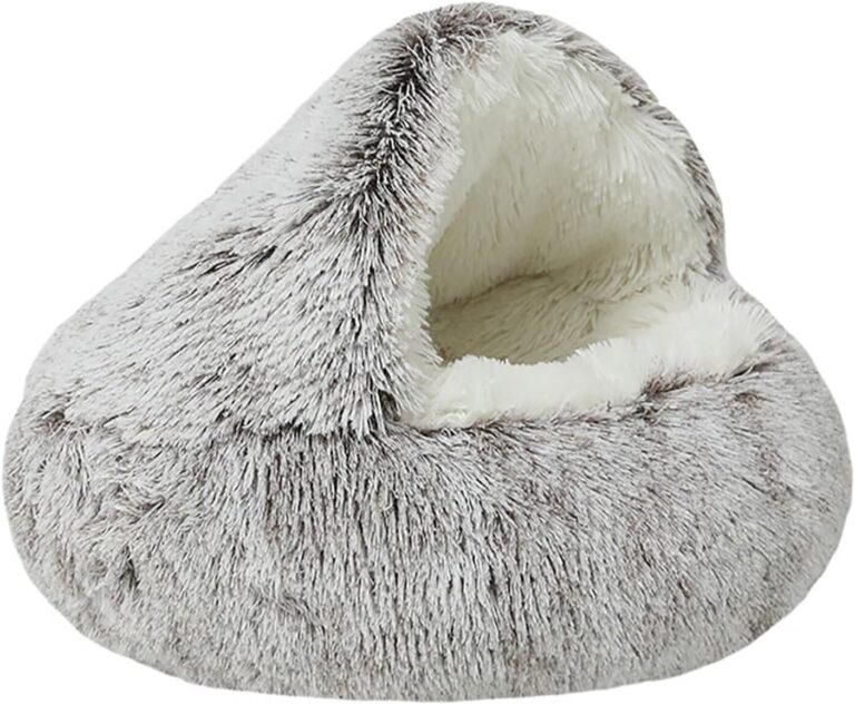 NTUQCAW Dog Cave Bed for Small Dogs Cats Pets, Anti Anxiety Calming Plush Dog Beds, Fluffy Covered Hooded Cozy Burrow Puppy Beds, Anti-Slip Bottom Washable Pet Sleeping Bag (20" D, Coffee)