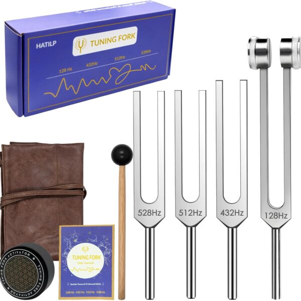 Tuning Fork Set  128Hz 432Hz 512Hz 528Hz Weighted & Unweighted Frequency Tools with Activator, Mallet & Vegan Pouch  for Yoga, Meditation, Chakra, Ideal as a Gift