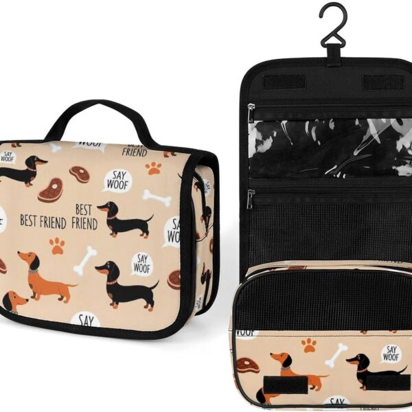 PUYWTIY Toiletry Bag with Hanging Hook, Wiener Dog Dachshund Pet Dogs Makeup Cosmetic Bag Waterproof Bathroom Bag, Travel Organizer Storage Case for Women