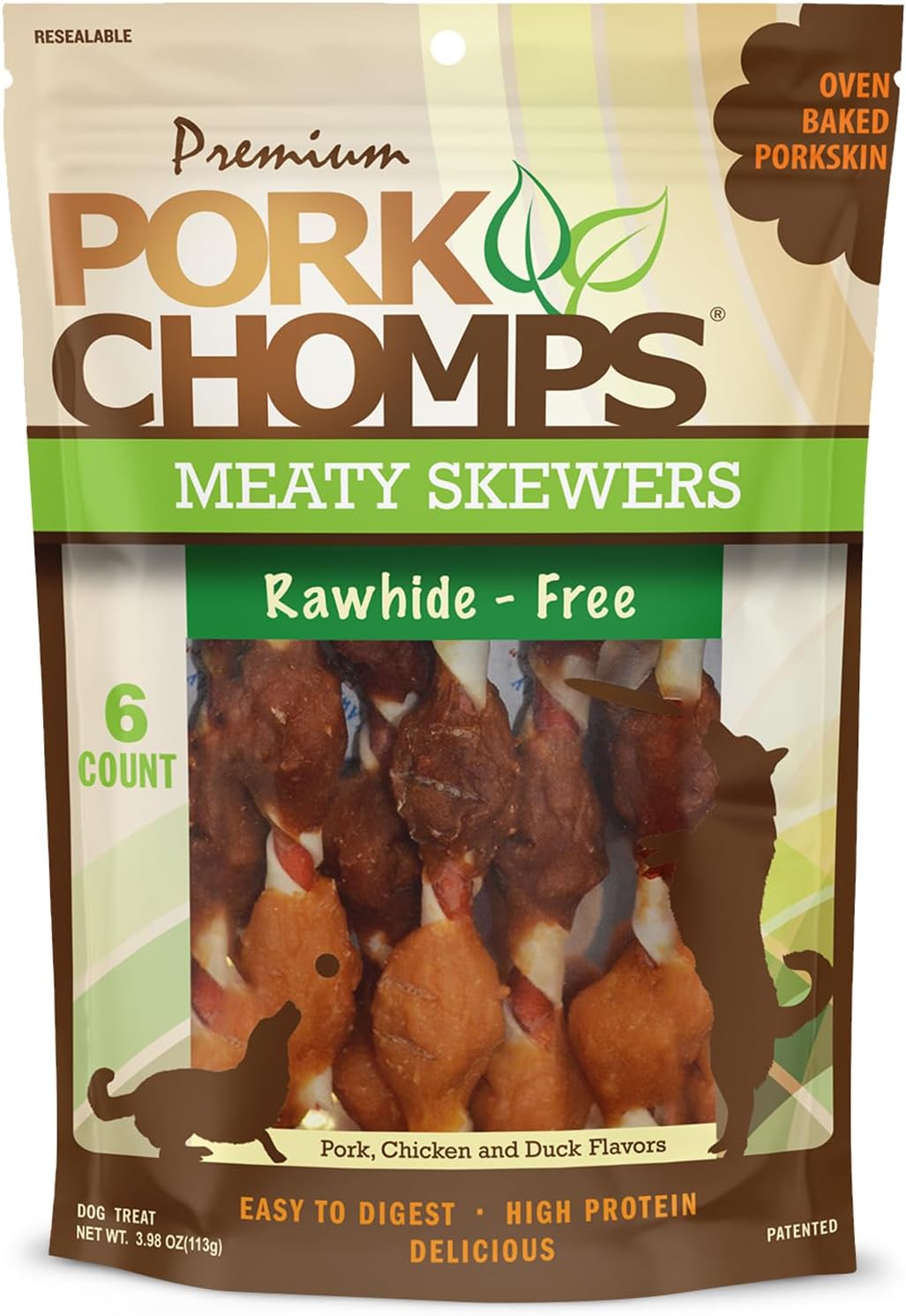 Pork Chomps Premium 6CT Meaty Skewers, Brown , 3.98 Ounce (Pack of 1) Pork Chomps Premium 6CT Meaty Skewers, Brown , 3.98 Ounce (Pack of 1)