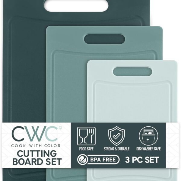 COOK WITH COLOR Non-Slip Cutting Board Set  Kitchen Essentials with Easy Grip Handle for Meat, Veggies, and Fruits, 3 Cutting Boards, Teal