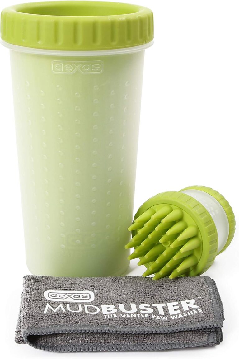 Dexas MudBuster Portable Pet Cleaning Kit with Dog Paw Washer, Pet Bathing Brush, Microfiber Towel, Large, Green