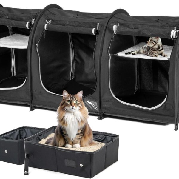 Portable Three Compartment Show House Cat Cage Condo - Easy to Fold & Carry Kennel - Comfy Puppy Home & Dog Travel Crate with Portable Carry Bag,2 Hammocks,3 Mats and Collapsible Litter Boxs