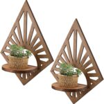 Menkxi 2 Pcs Boho Wall Shelf Mid Century Modern Shelf Wooden Rainbow Floating Shelves Brown Decorative Plant Wall Shelves Natural Vintage Hanging Holder for Nursery Living Room Decor(Diamond)