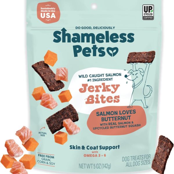 Shameless Pets Jerky Dog Treats, Salmon Loves Butternut - Healthy Dog Chews for Dogs Skin & Coat with Omega 3 & 6 - with Real Wild-Caught Salmon - Free from Grain, Corn & Soy - 1-Pack
