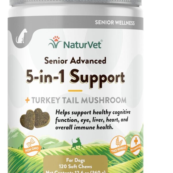 NaturVet Senior Advanced 5-in-1 Support Dog Supplement Helps Support Immune System, Heart, Liver, Cognitive Function, Eye Health Includes Ginkgo Biloba, Lutein 120 Ct.