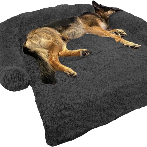 Calming Dog Bed Fluffy Plush Dog Mat for Furniture Protector with Removable Washable Cover for Large Medium Small Dogs and Cats (Large(45x37x6), Dark Grey)