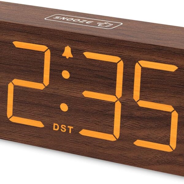 DreamSky Wooden Digital Alarm Clock for Bedroom - Desk Clock with Large Numbers for Living Room Office, Loud Alarm for Heavy Sleepers Adults, Volume Control, Dimmer, DST, Wood Decor (Plug in Clock)
