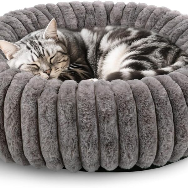 Arquiel Cat Bed for Indoor Cats, 20 inch Calming Cat Bed with Ultra Soft Plush, Machine Washable Round Anti-Anxiety Pet Bed for Kittens & Small Dogs, Grey