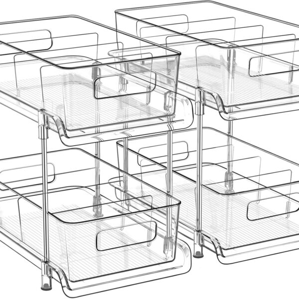 HIHEGD 2-Tier Bathroom Organizer with Dividers, Clear Under Sink and Pull-Out Cabinet Organizer for Kitchen and Pantry Storage